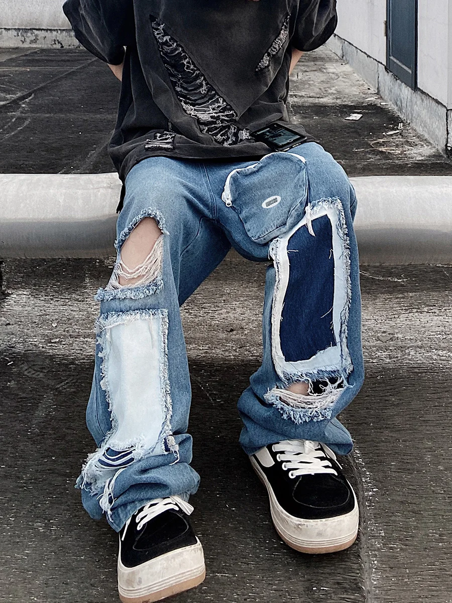 High Street Straight Ripped Patch Denim Trousers Fashion Brand Loose Retro Wide Leg Mop Pants