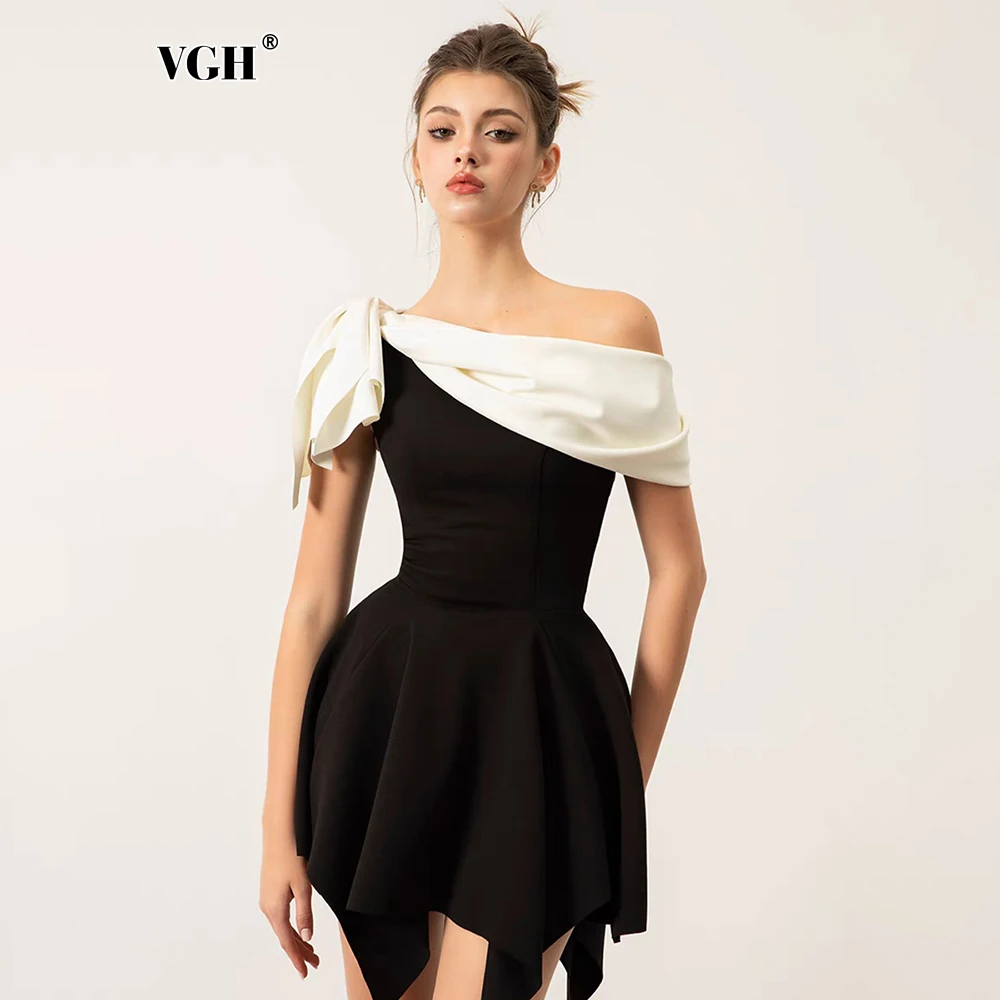 

VGH Sweet Backless Irregular Mini Dresses For Women Diagonal Collar Short Sleeve High Waist Slim Hit Color Short Dress Female