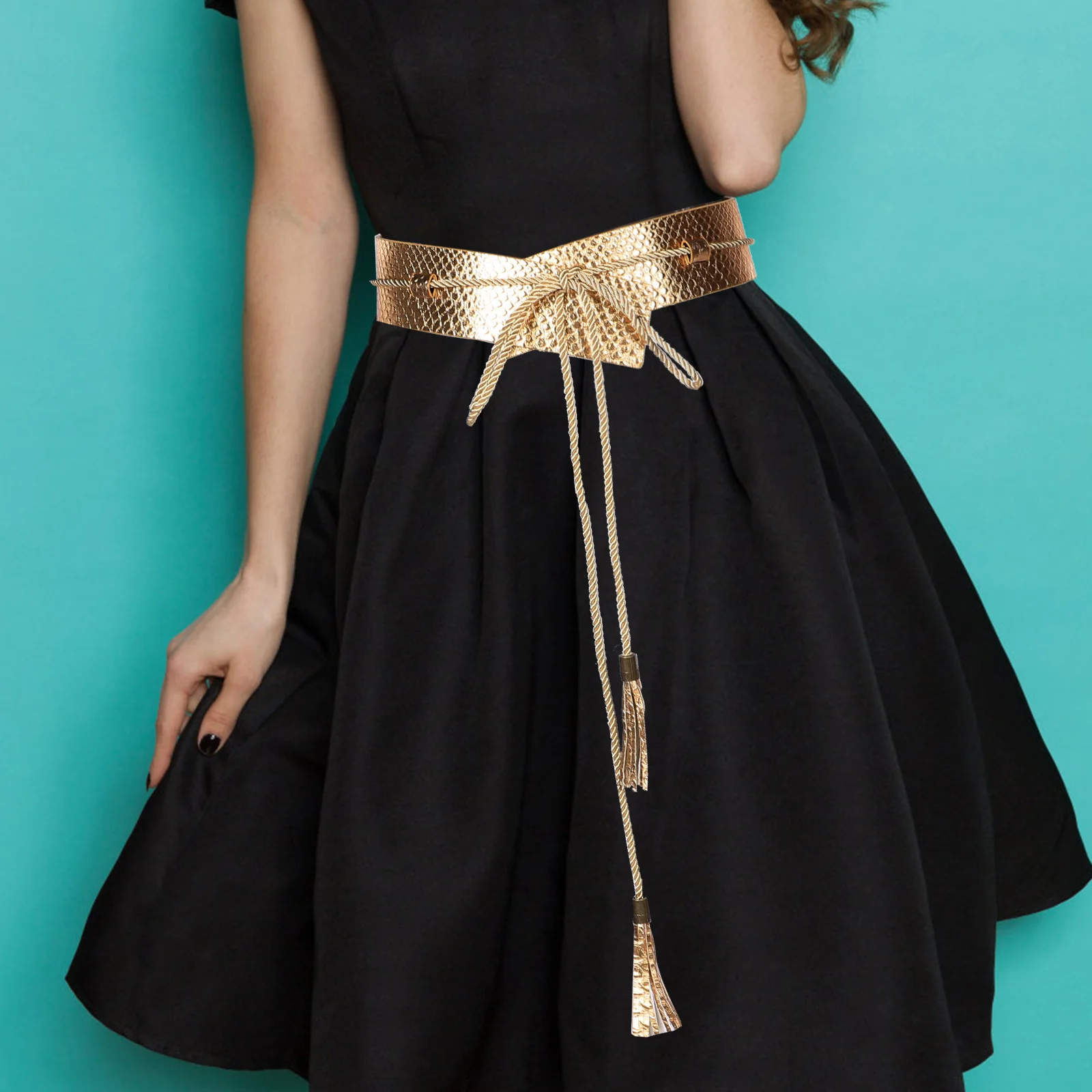 

Golden Corset Women Wide Waist Adjustable Waspie Waist Belt PU Snake Print Waspie Tied Fashion Dress Accessories