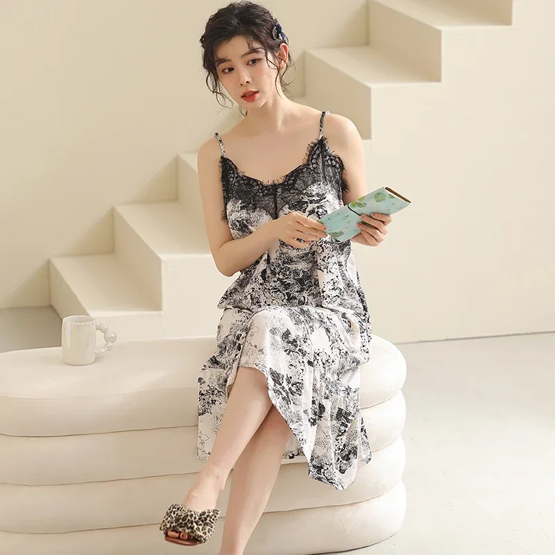 Flower Printing Lovely Nigh Dress Women Plus Size Ruffle Hem V Neck Summer Leisure Night Wear Lingerie Women Comisolas 2023 New