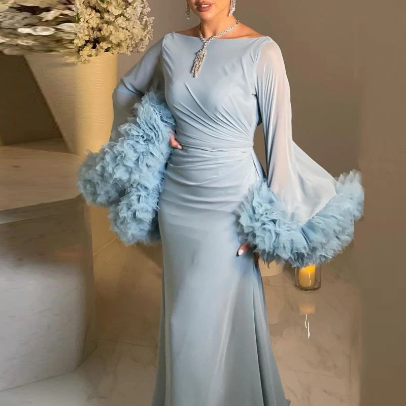 

AsaNagi Light Sky Blue Mermaid Evening Gowns Long Sleeves With Ruffles Saudi Arabia Floor Length Prom Dresses Robe De Soiree