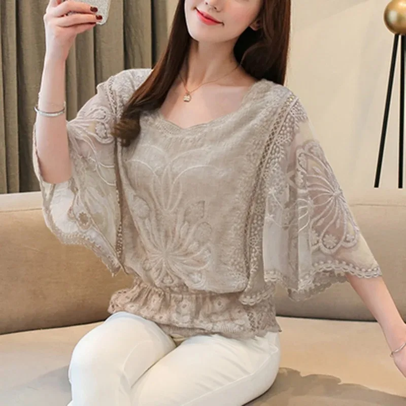 Summer Loose Lace Blouse Women 2024 Butterfly Sleeve Chiffon Shirt Woman Fashion Casual Floral White Shirt Tops Blusas 4073