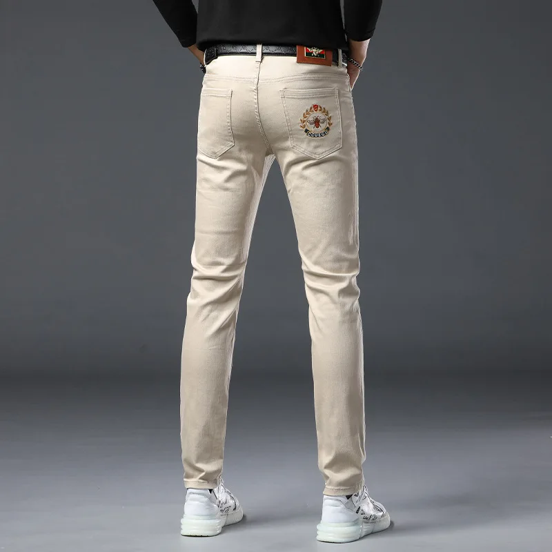 2024 autumn/winter light luxury embroidered jeans MEN'S FASHION trendy brand elastic slimming straight tube cotton casual pants