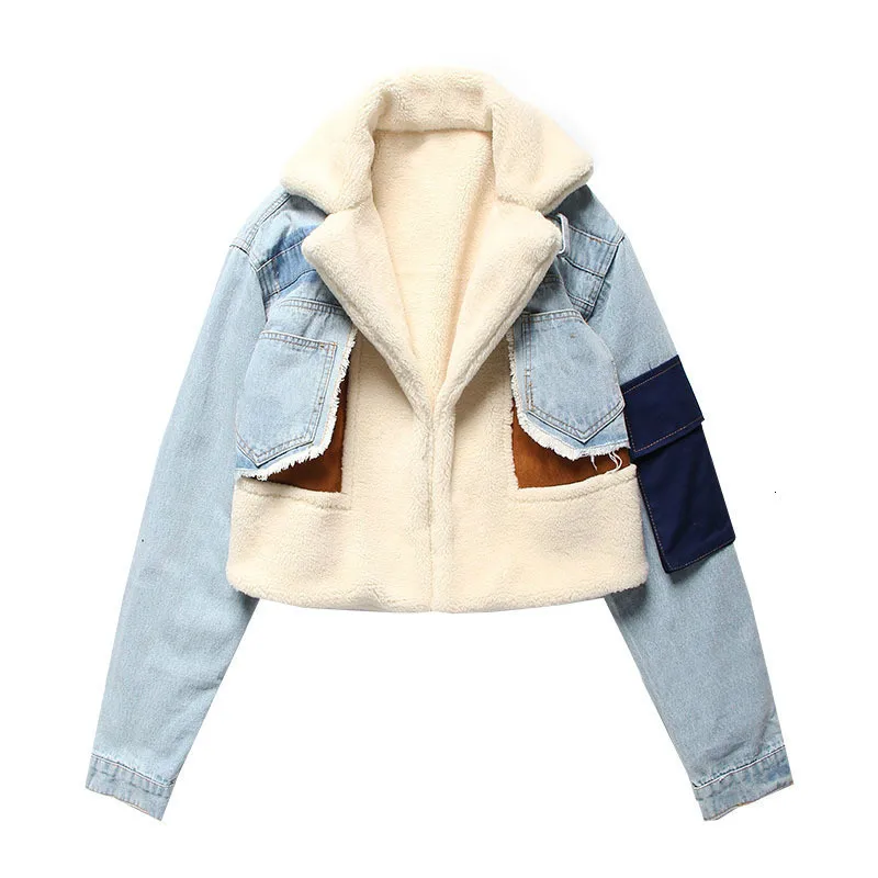 

Chic Women Lambswool Fleece Patchwork Jeans Jacket Lambs Fur Turn Down Collar Denim Spliced Thickened Plush Cardigan Parkas Tops