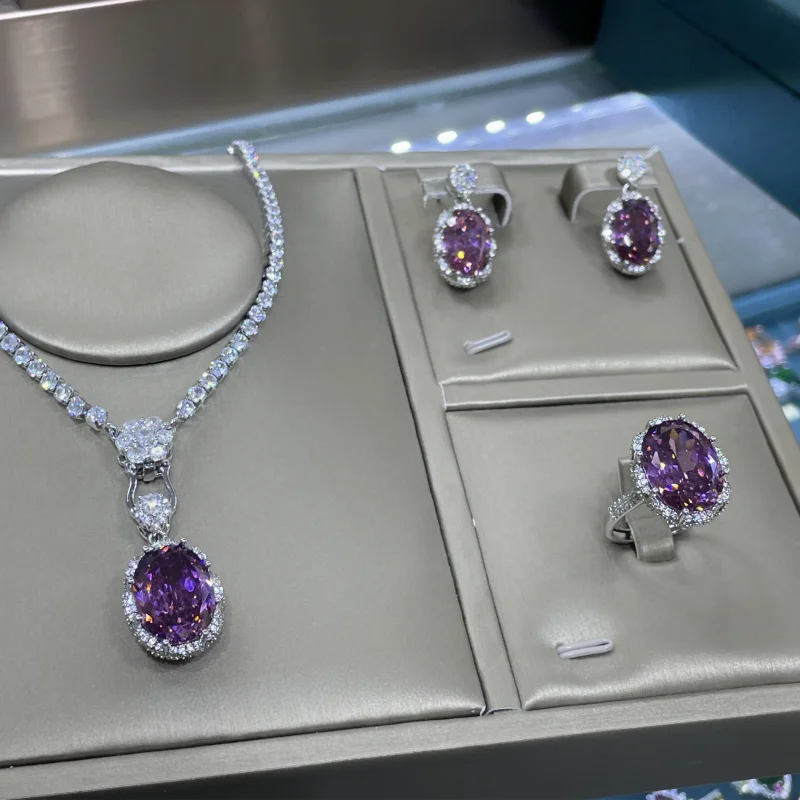 Starry Sky Cut Dried Rose Three-Piece Full Diamond Luxurious Open Ring for Women Elegant Pendant Earrings Set