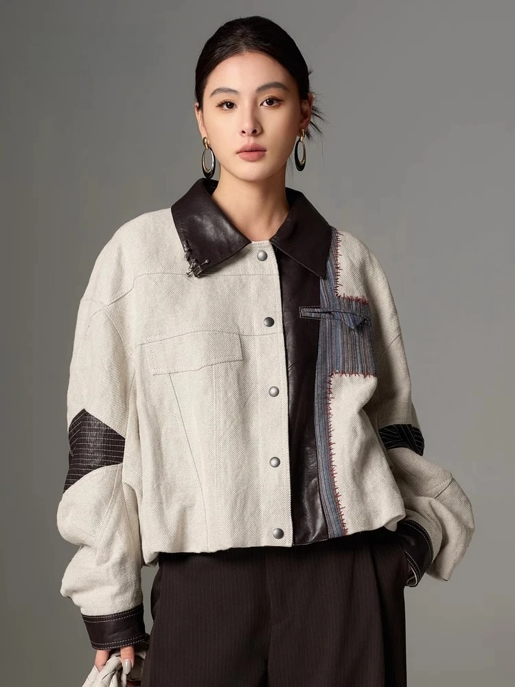 

Linen Spliced Genuine Leather Jackets Women Spring Autumn High-end Simple Contrast Patchwork Design Short Real Sheepskin Coat​​