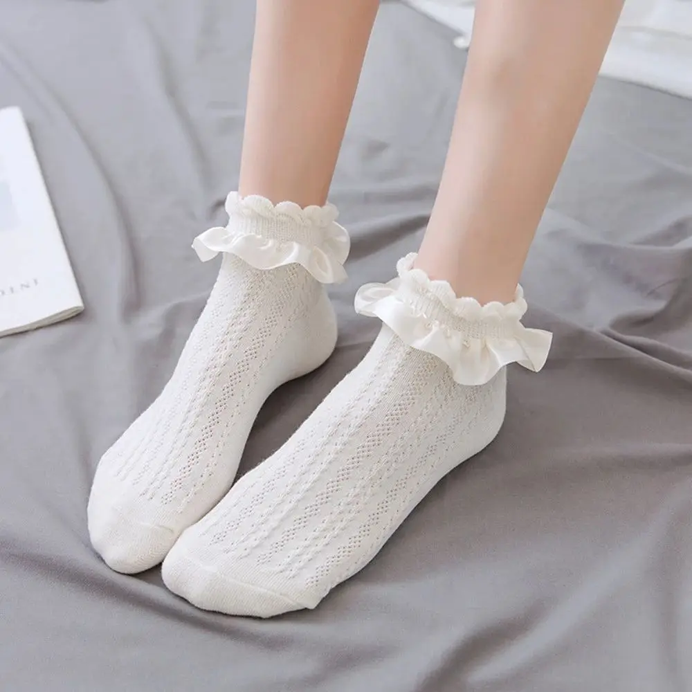 Thin Kawaii Women Twist Pure Color Girls Ruffle Short Socks Lolita Socks Lace  Hosiery Cotton