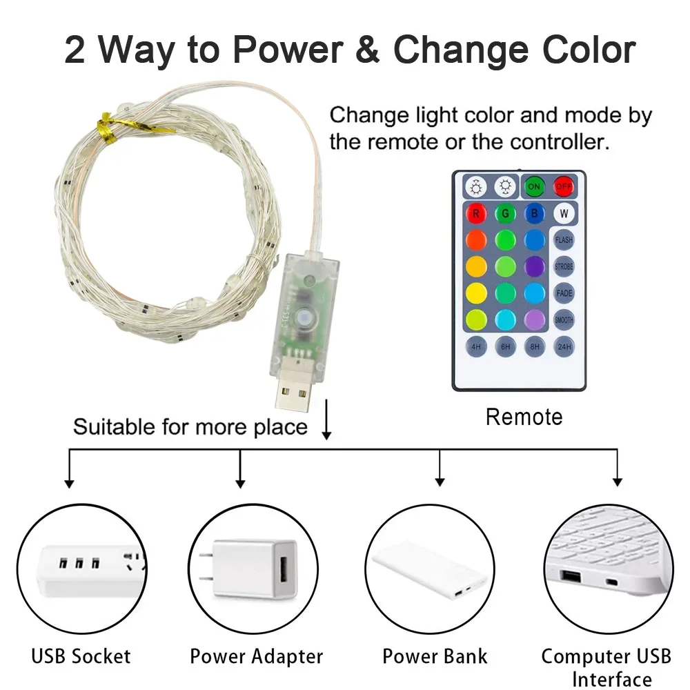 USB Fairy String Lights Waterproof 16 Colors Changing Sliver Wire LED with Remote Control for Halloween Christmas Decoration