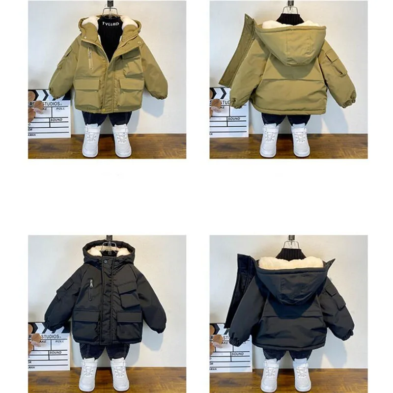 2023 Winter Boys Jacket Children Clothing Keep Warm Cotton Thicken Coats Kids Zipper Hooded Outerwear Plus Velvet Jackets