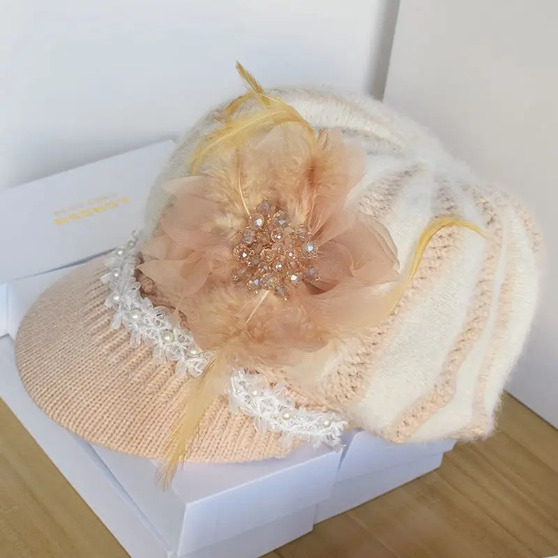 Autumn Winter Warm Rabbit Hair Textile Thick Visor Hat for Women High end Western Style Knitted Hat Water Diamond Pearl Fl
