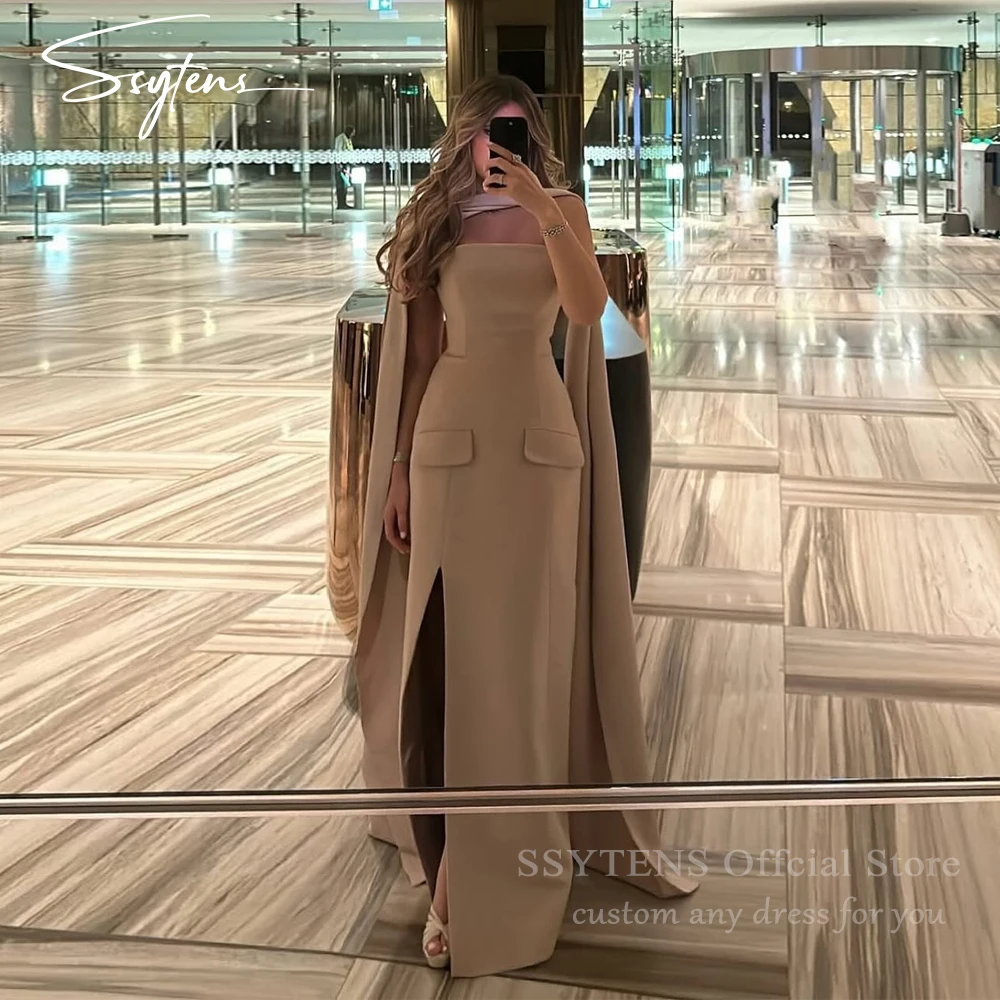 

SSYTENS Elegant Champagne Prom Dress Side Slipt Long Gowns Scarf Strapless Evening Dresses for Wedding Party Dresses Customized
