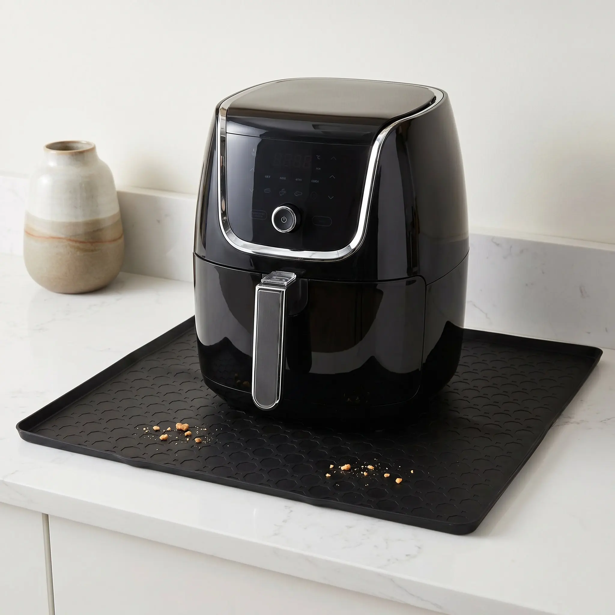 Silicone Corner Trash Can Mat Non Slip Raised Edge Waterproof Kitchen Garbage Bin Pad Black Honeycomb Pattern Floor Scratch