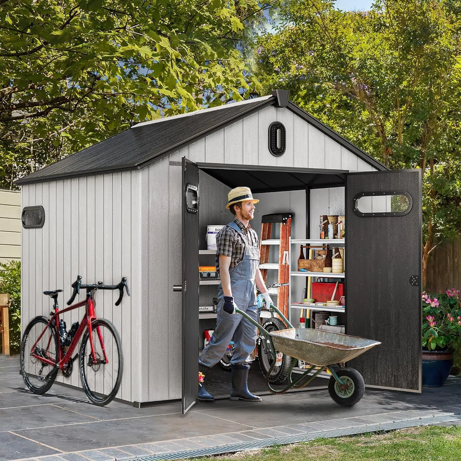 8x8ft Outdoor Resin Storage Shed with Floor, Waterproof Garden Shed with Lockable Door, Windows & Vents, Plastic Tool Storage