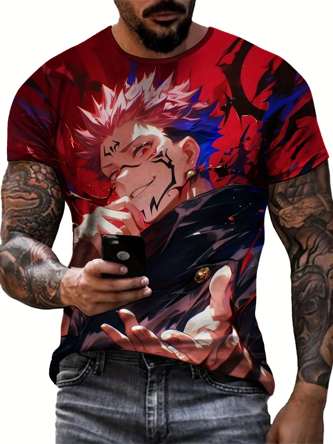 

Jujutsu Kaisen Men's Cool Animated Character Short Sleeve Crew Neck T-shirt, Casual Comfy Tee As Gift Men Anime Clothes