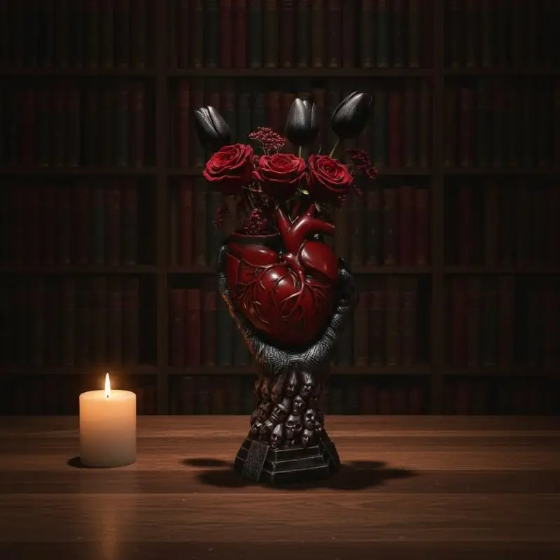 Gothic Anatomical Heart Resin Vase Solid Skull Base Design Waterproof Spooky Decor for Halloween Living Room Shelf Display
