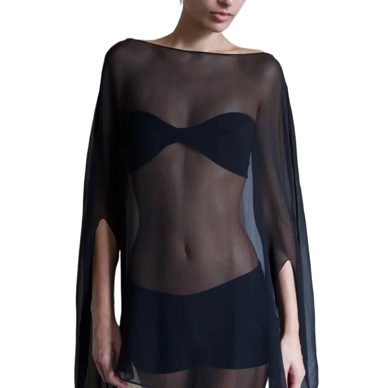 Vrouw kleding doorzichtige chiffon blouses sexy mode effen cover-ups dames elegante nachtclub tops wit zwart streetwear - afbeelding 2