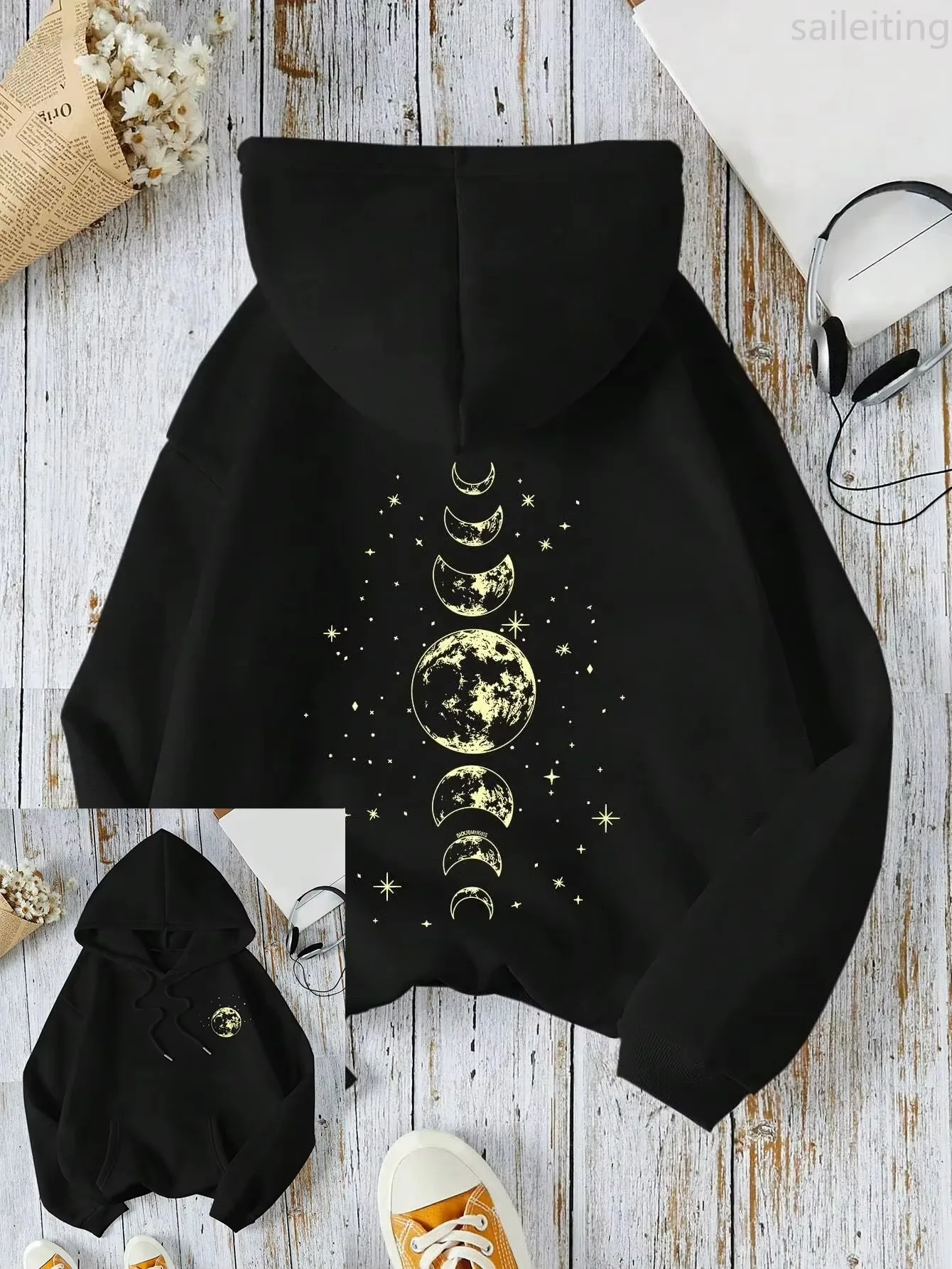 2026 New Style Kangaroo Pocket Hoodie with Different Moon Prints, Casual and Fashionable Men's and Women's Sportswear