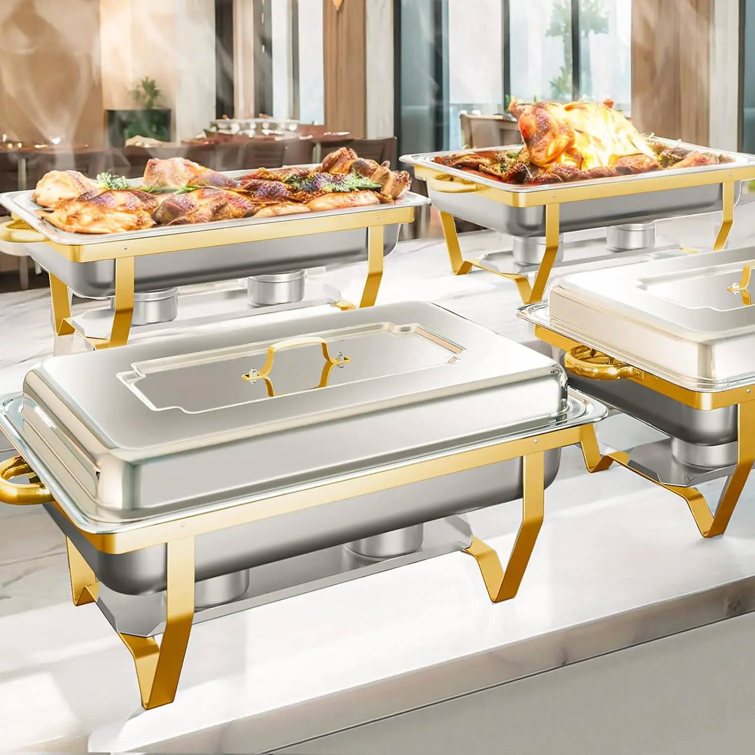 

4 Pack Stainless Steel Chafing Dishes, 8QT Mirror Finish Food Warmers for Buffets, Parties & Events