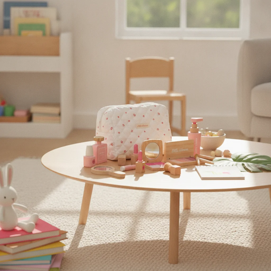 ピンクとナチュラルカラーの子供用プレイセット、ジッパー付きバッグ、木製おもちゃ、ドレスアップシナリオ用コスメティックピース