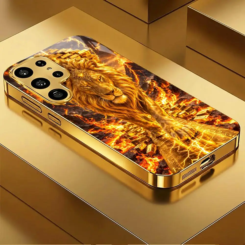 Gold King Lions High-end PhoneCase Electroplated Glass PhoneCase for Samsung Galaxy S26 S25 S24 S23 S22 S21 FE,Ultra,Plus