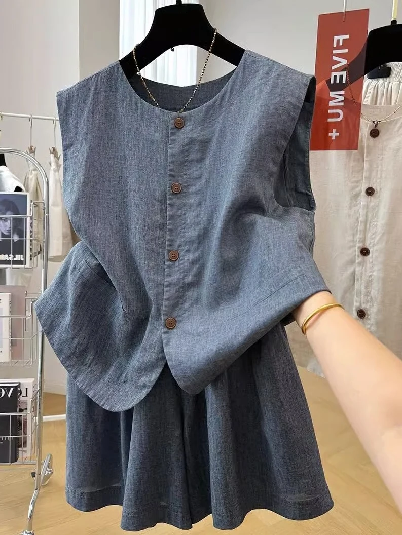   ファイオナブルなリネンセット レディース 夏 ハイエンド スリム タンクトップ カジュアル ワイドレッグ パンツ ツーピースセット ラウンドネック ボタン付き