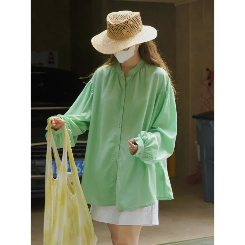 

Summer Sky Blue Blouses Loose Lyocell Women Lantern Sleeve Shirts Stand Collar New Cool Thin Casual Korean Lazy Grass Green Tops