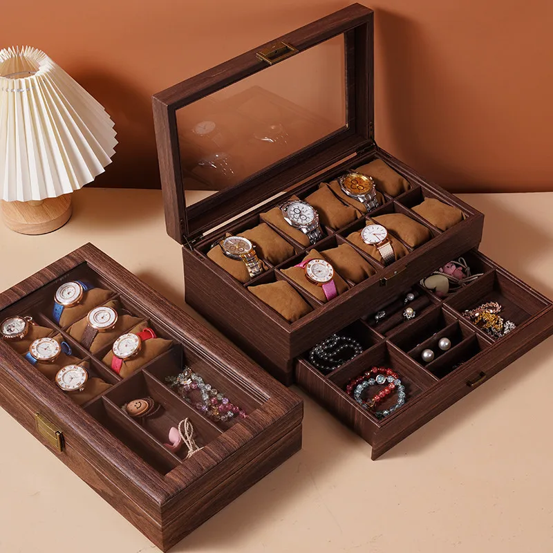 

DELESYS Multi-layer large capacity vintage wood grain leather exquisite dust-proof watch jewelry double collection storage box