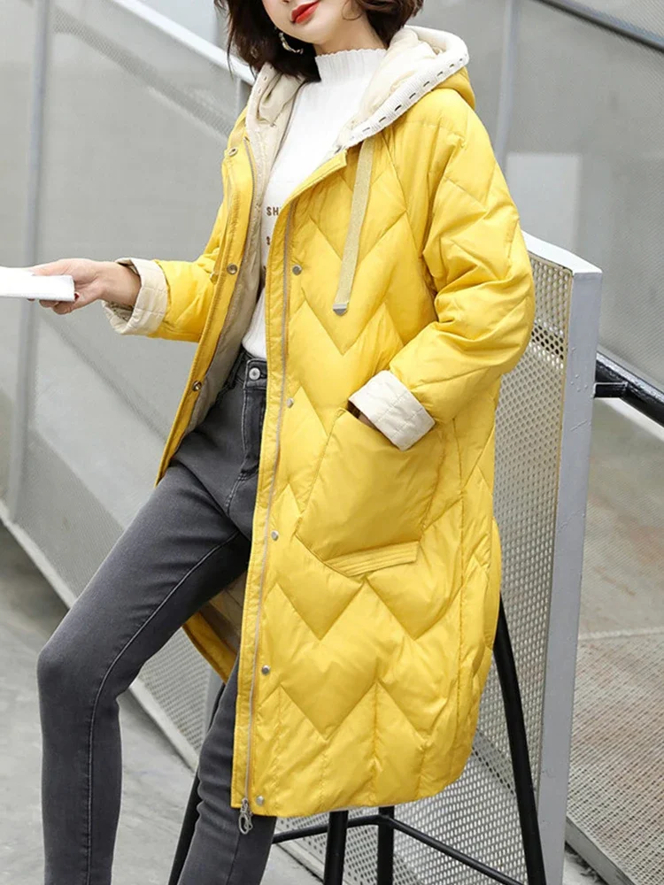 

Casual Female Loose Warm Down Coat Outwear Autumn Winter Women Ultra Light Knitted Hooded White Duck Down Long Parka