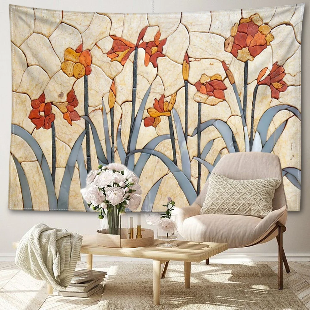 Red floral print tapestry on the stone wall, modern design sense, room living room wall hanging art wall decoration