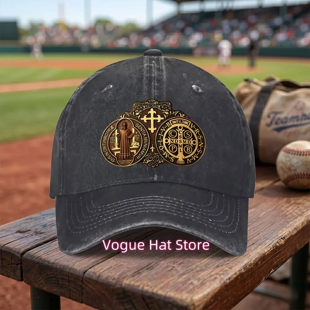 Exquisite St. Benedict Medal Washed Baseball Cap with Adjustable Strap, Lightweight and Breathable, Unisex for All Seasons, Suit