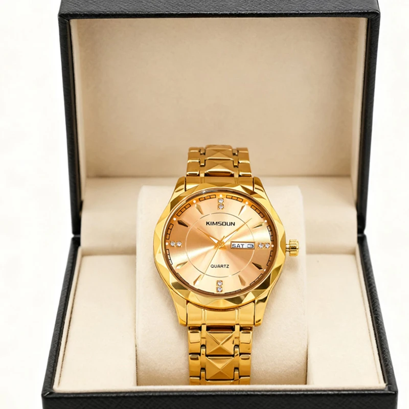 

Мужские классические роскошные элитные кварцевые часы золотого цвета со стальным браслетом и дневным дисплеем.