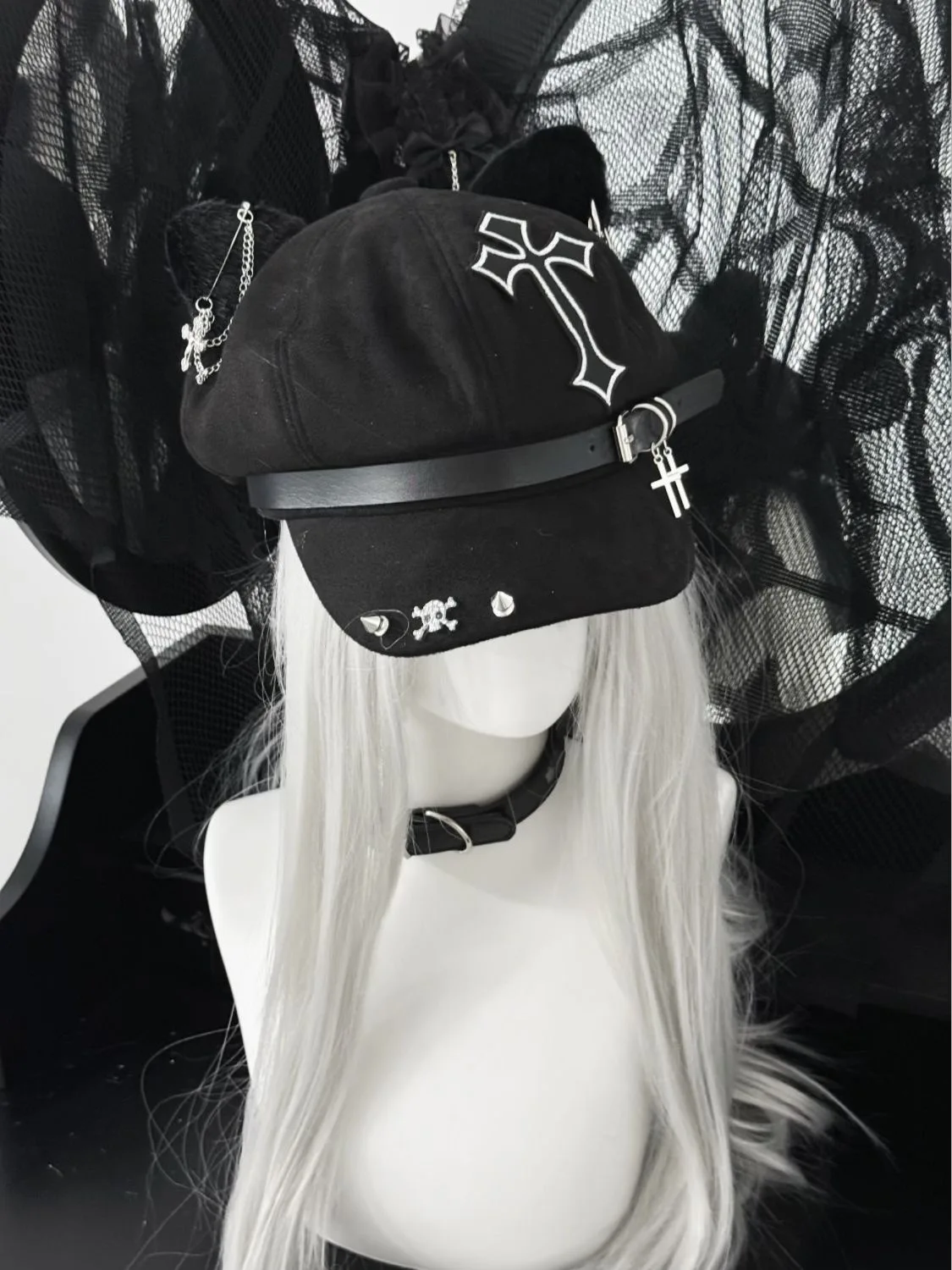 Harajuku gótico preto crânio cruz orelha de gato feminino punk designer y2k meninas acessórios chapéu de sol steampunk hip pop gato orelha chapéu