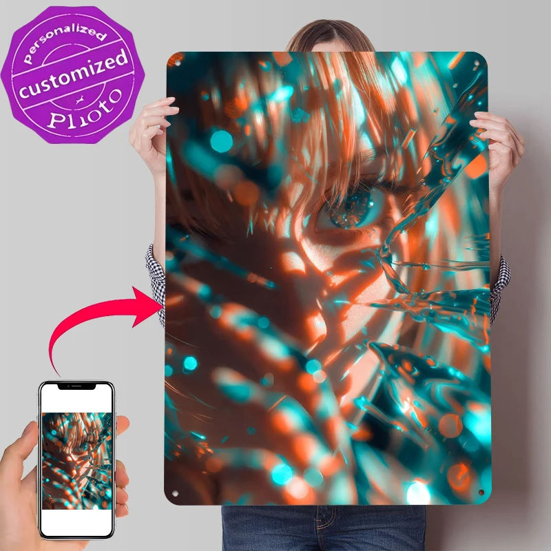 Nahaufnahme eines Auges im Anime-Stil mit Wasser, Blechposter, personalisierte Wandkunst, Retro-Vintage-Metallschilder für Fans, Café, Bar, Zuhause