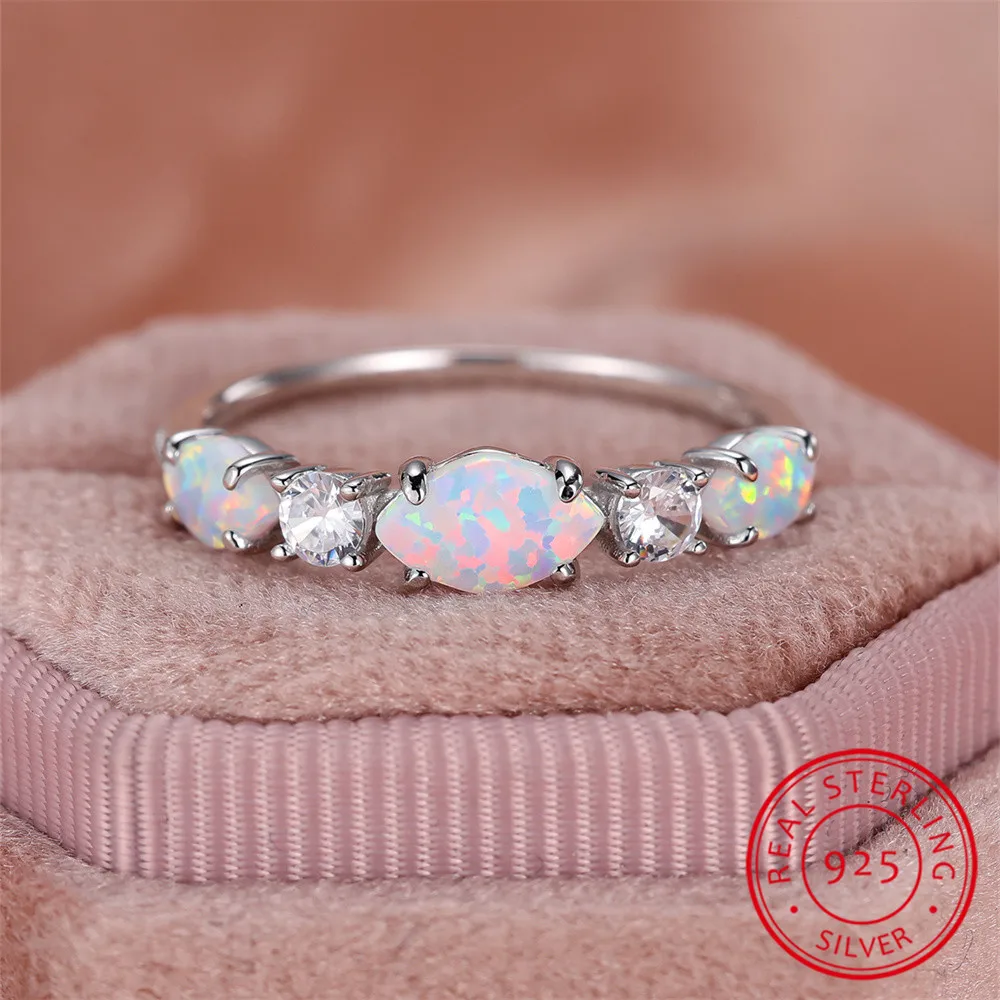 Marquise Stone White Fire Opal Ring Real 925 Sterling Silver Engagement Rings For Women Wedding Band Crystal Jewelry