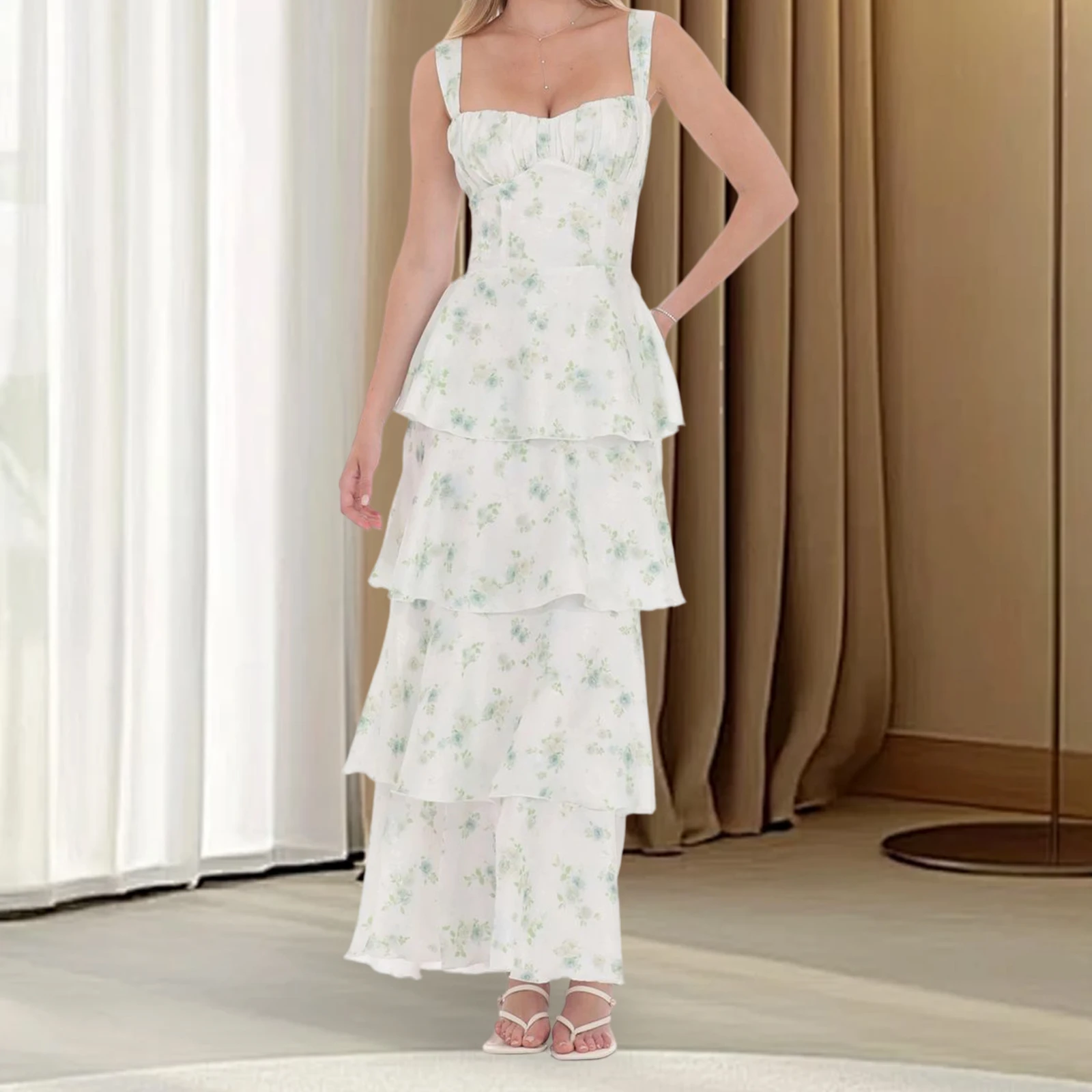 Robe longue d'été pour femmes, nouvelle mode, sans manches, dos ouvert, imprimé floral, robe de plage à plusieurs niveaux, offre spéciale S M L