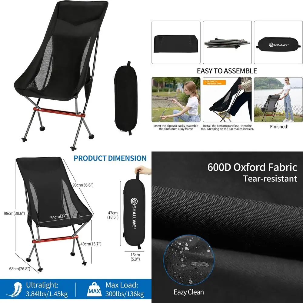

Портативное алюминиевое складное кресло для кемпинга с высокой спинкой, встроенной подушкой, боковым карманом и сумкой для переноски для взрослых - идеально подходит для походов.