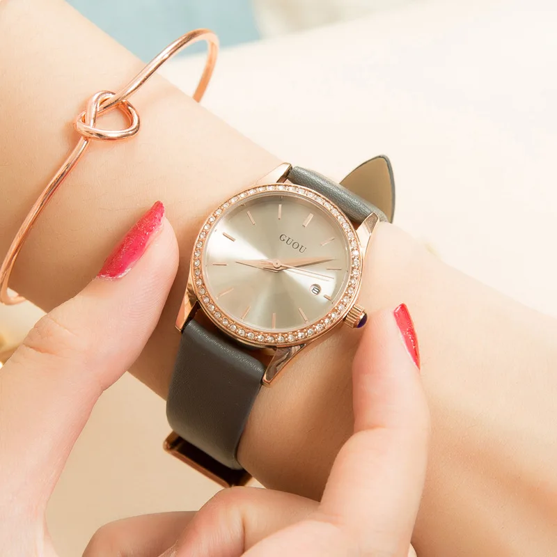 GUOU women's watch waterproof fashion new trend student Korean version simple casual atmosphere diamond waterproof women's watch