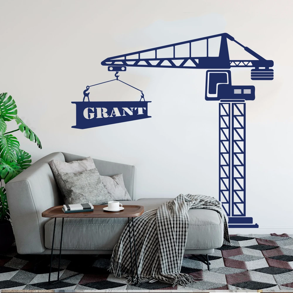 Custom Name Construction Crane Wall Sticker Decal Kids Room Teen Playroom Crane Themed Building Truck Car Vinyl Home Decor