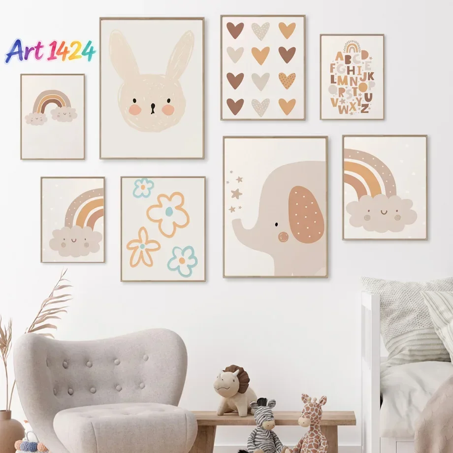 Boho Nursery Wall Art Cute Bunny Elephant Rainbow Canvas Prints Alphabet Heart Floral Posters Baby Room Decor for Kids Bedroo