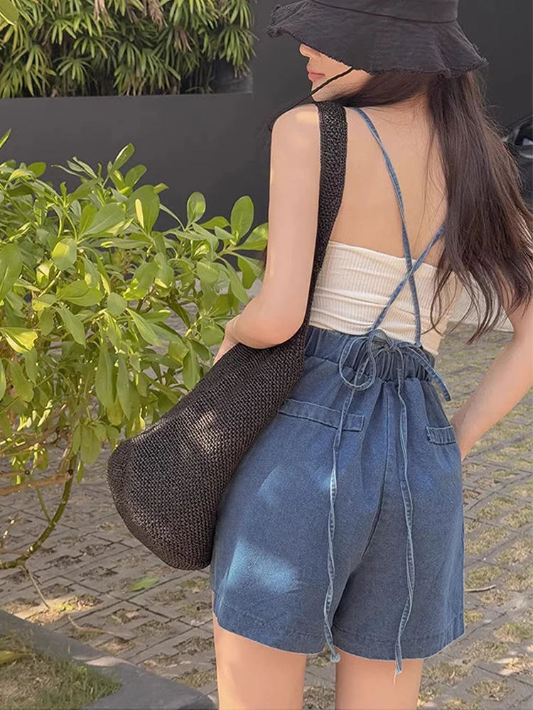 

Chic Spring Summer Cross Ba Elastic Waist Zipper Wide Leg Denim Overalls Women's High Waist ort Pants Cotton Blend Fabric