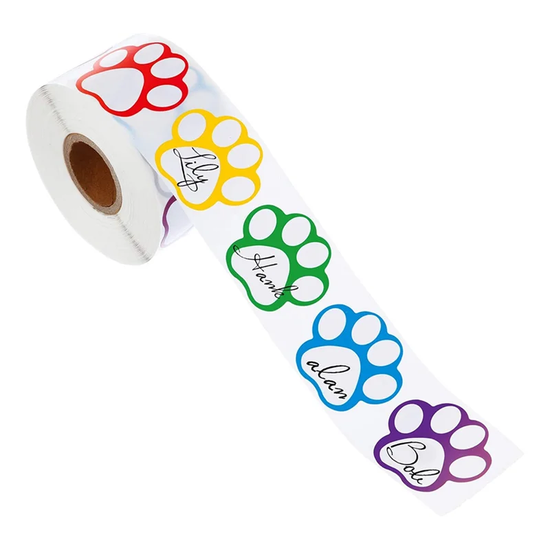 A Roll of 500 Pieces Colorful Paw Stickers Dog Paw Name Tags Labels Stickers Paw Footprint, 1Inch (Mixed Color)