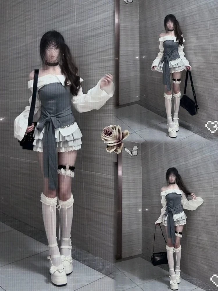 

Harajuku Vintage Y2k Autumn Slim 2 Piece Skirt Sets 2000s Sweet Slash Neck Long Sleeve Top + Cake Mini Skirts Japan Kawaii Suit