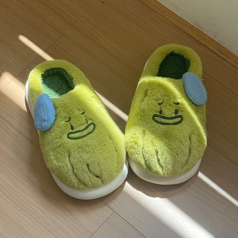 

New women's winter slippers crying bitter gourd home shoes funny cartoon fuzzy warm non slip indoor mules woman slipper green