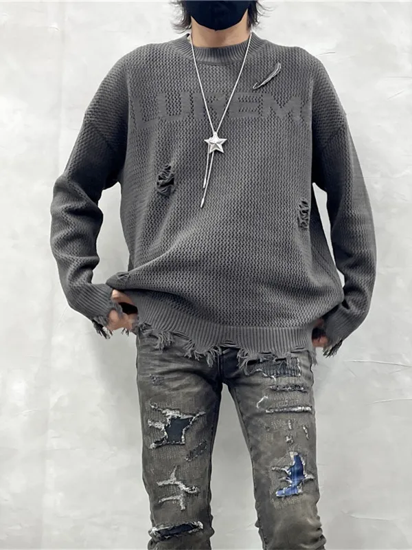 Dark Retro Worn Ripped Sweater Coat Pu Shuai Fashion Knitwear Coat Casual Shirt