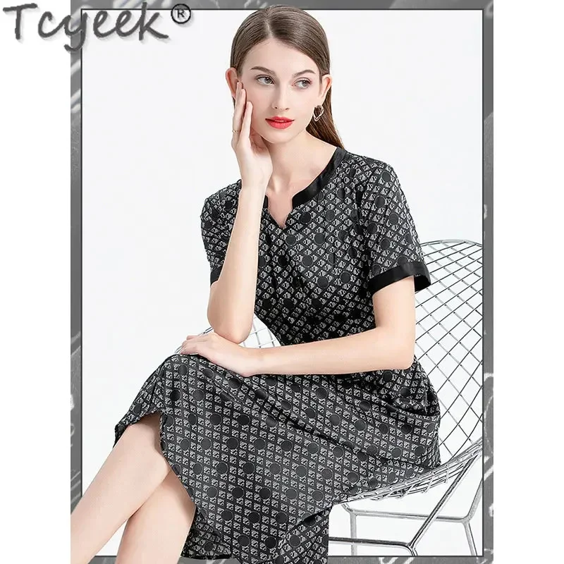 

100% Tcyeek Mulberry Real Silk Midi Elegant and Pretty Women's es 2024 Show Waist Floral Dress Women Clothes Vestidos