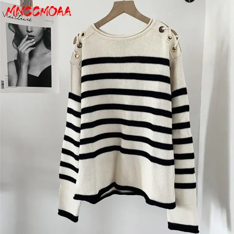 

MNCCMOAA-Women's Round Neck Striped Knitted Sweater, Long Sleeve Top, Casual Pullovers, Female Fashion, Autumn, Winter, 2024