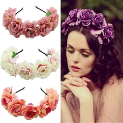 Artificial Flower Crown Headbands Bohemia Rose Flowers Hairbands for Women Girls Bride Wedding Hair Hoops Bezel Hair Accessories