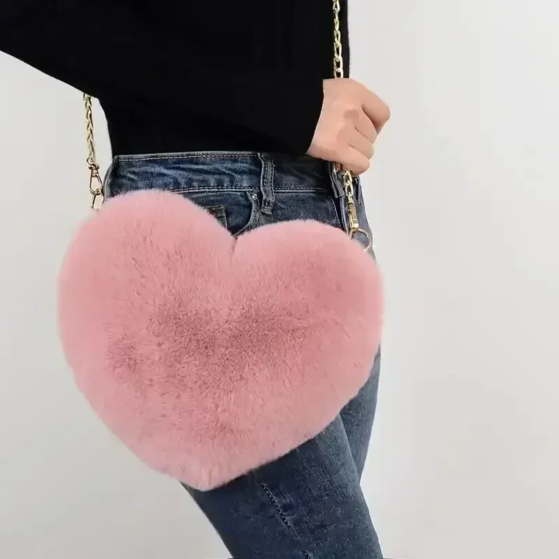 Fashion Women's Heart Shaped Handbags Cute Faux Fur Crossbody Bags Lady Soft Plush Chain Shoulder Bag Shopper Totes