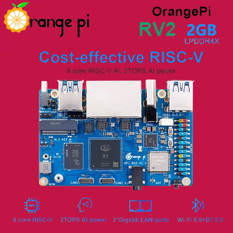 Orange Pi RV2 2GB RAM RISC-V AI Board 2 TOPS NPU WiFi+BT5.0 Gigabit Ethernet SBC M2 NVMe SSD Single Board