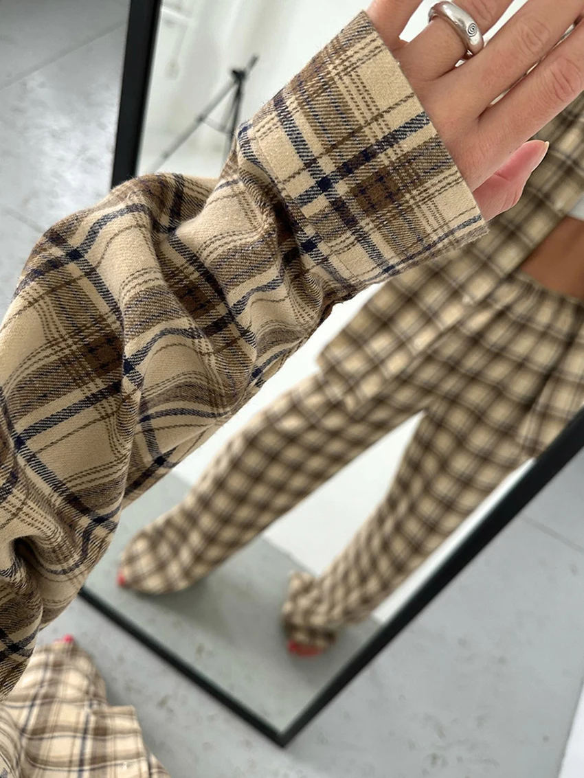 Marthaqiqi Plaid Female Sleepwear Set Long Sleeve Nightgowns Turn-Down Collar Pajamas Pants Casual Women Nightwear 2 Piece Suits